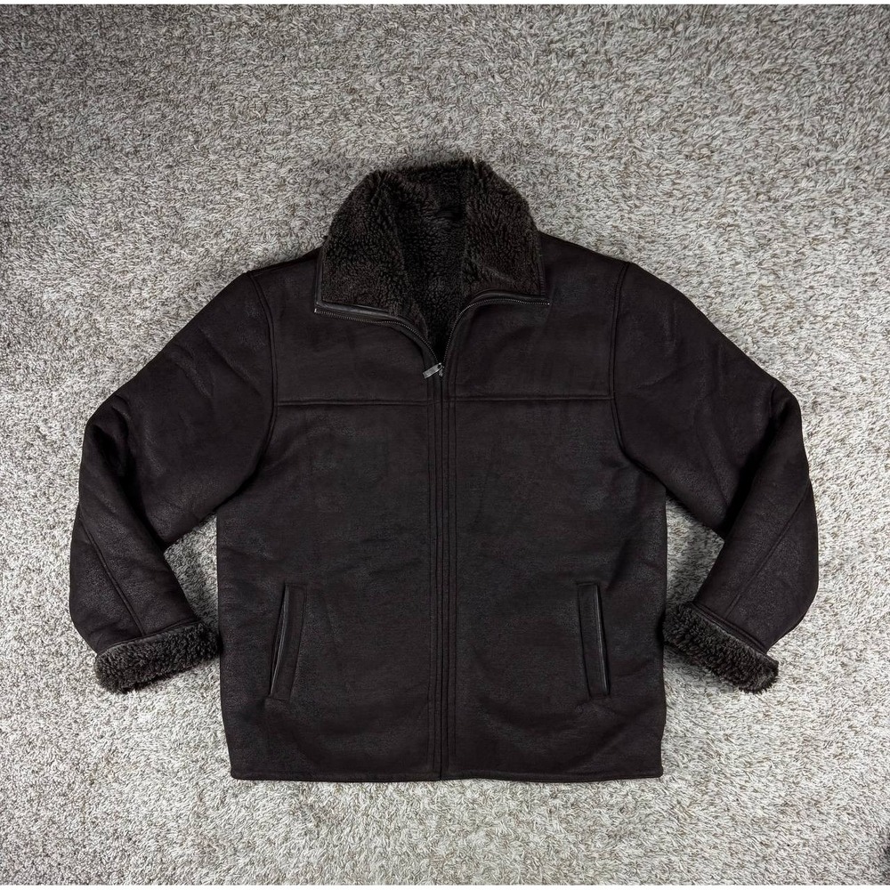 Excelled Men's Faux Shearling Jacket Brown Sherpa Lined Full Zip Size XL